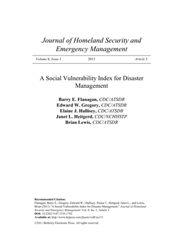 A Social Vulnerability Index for Disaster Management
