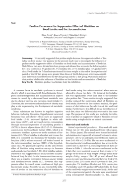 Proline Decreases the Suppressive Effect of Histidine on Food Intake and Fat Accumulation