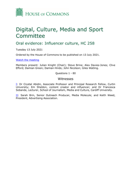 Digital, Culture, Media and Sport Committee Oral Evidence: Influencer Culture, HC 258