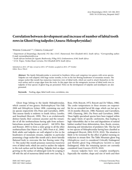 Correlation Between Development and Increase of Number of Labial Tooth Rows in Ghost Frog Tadpoles (Anura: Heleophrynidae)