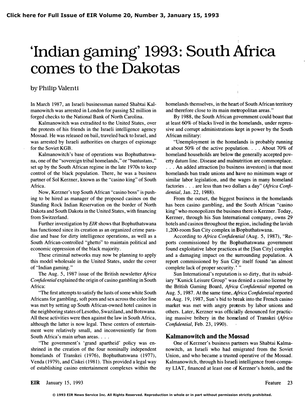 'Indian Gaming' 1993: South Africa Comes to the Dakotas