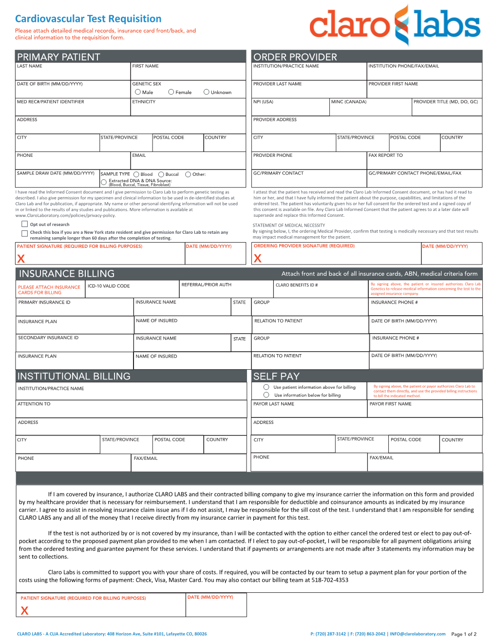 X X Cardiovascular Test Requisition X