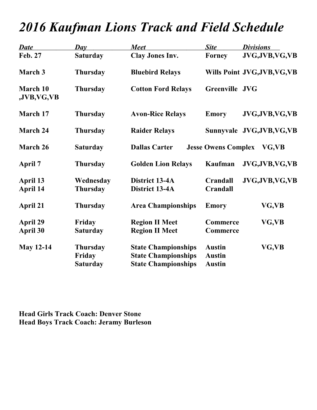 2016 Kaufman Lions Track and Field Schedule