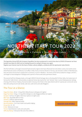 NORTHERN ITALY TOUR 2022 Vineyards • Cuisine • Spectacular Lakes
