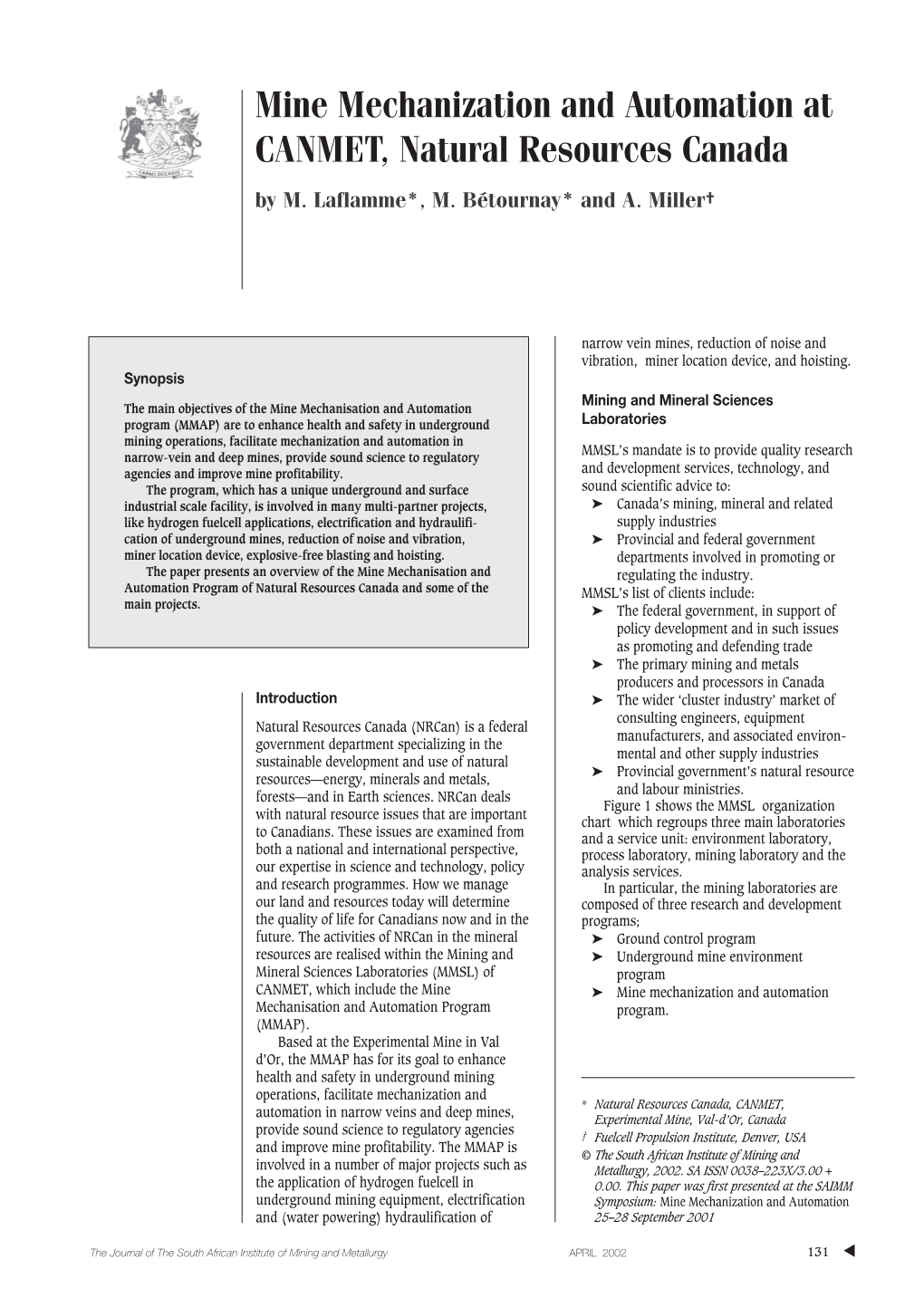 Mine Mechanization and Automation at CANMET, Natural Resources