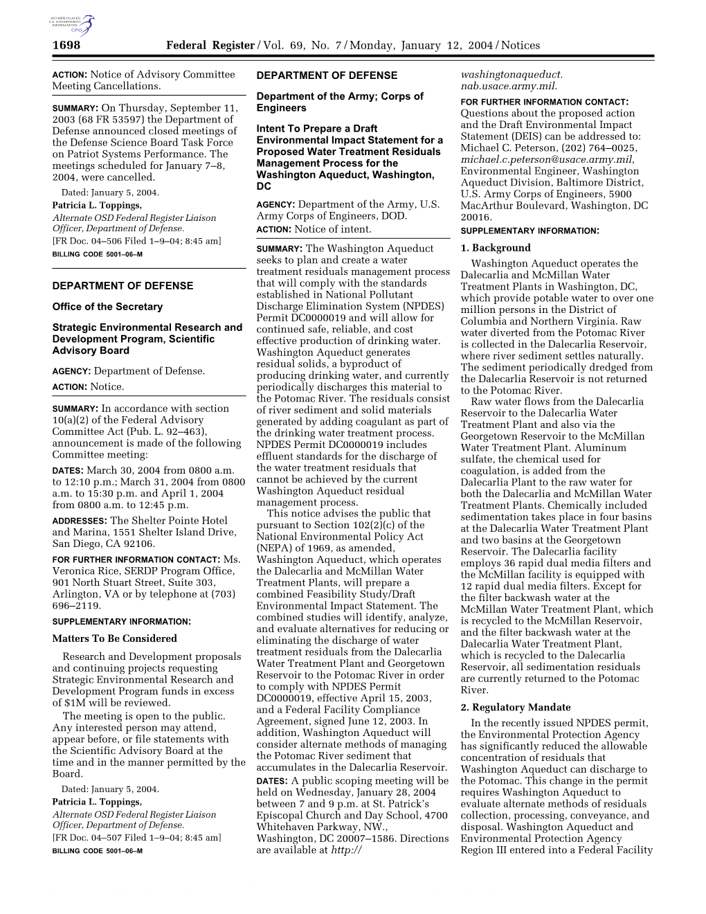 Federal Register/Vol. 69, No. 7/Monday, January 12, 2004/Notices