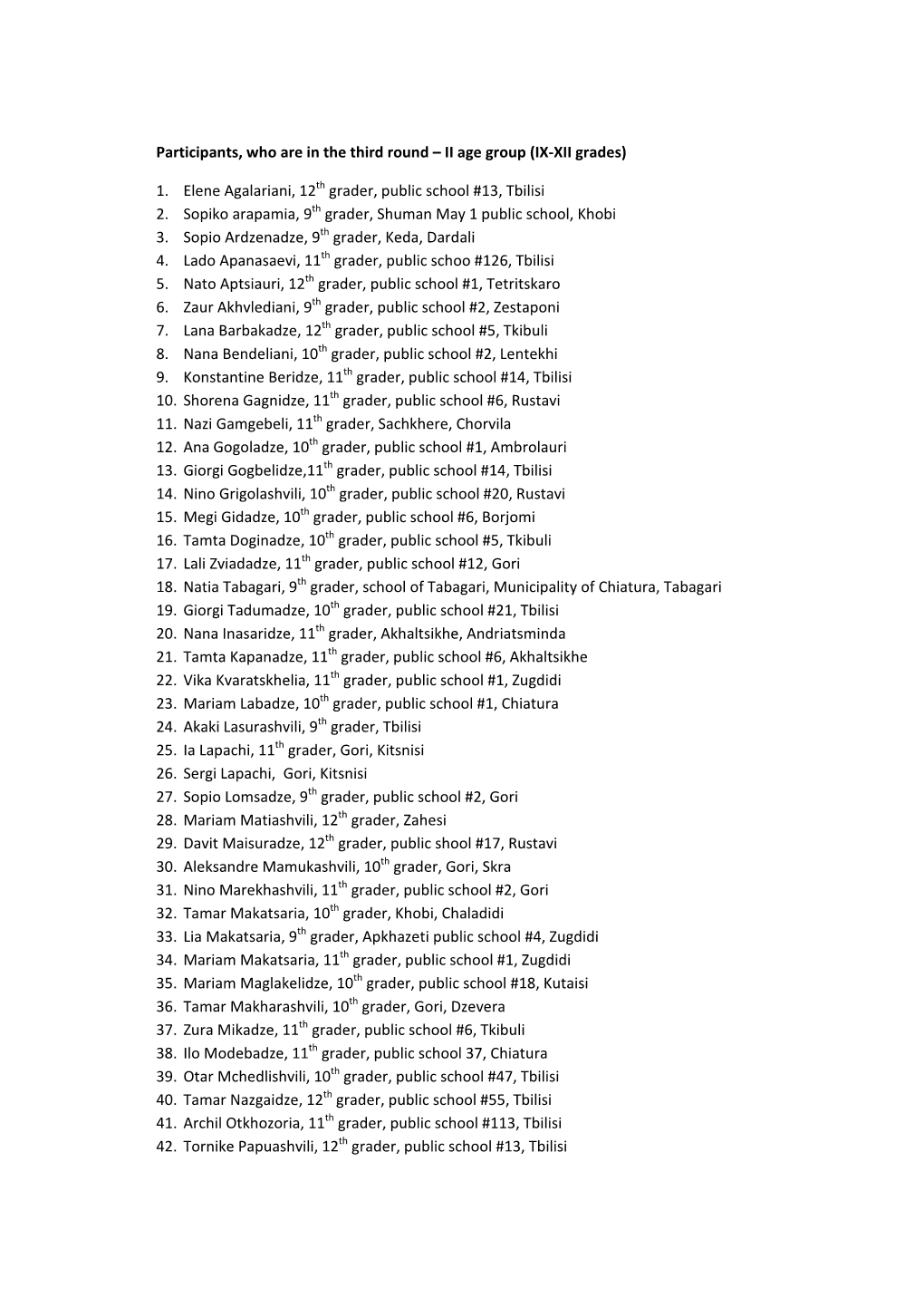 Participants, Who Are in the Third Round – II Age Group (IX-XII Grades) 1. Elene Agalariani, 12 Th Grader, Public School #13