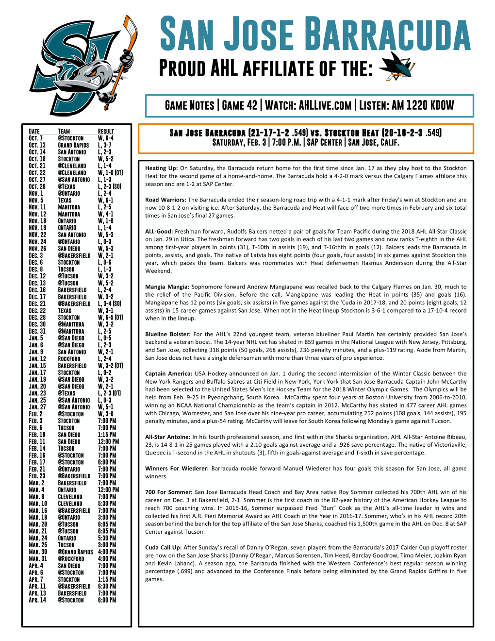 Game Notes | Game 42 | Watch: Ahllive.Com | Listen: AM 1220 KDOW