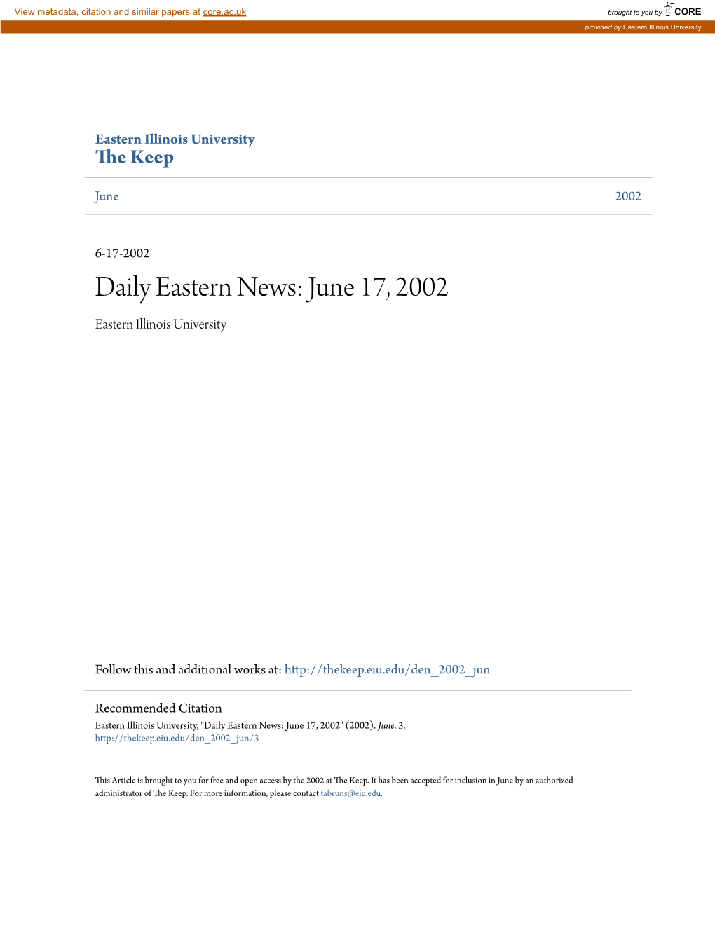 Daily Eastern News: June 17, 2002 Eastern Illinois University