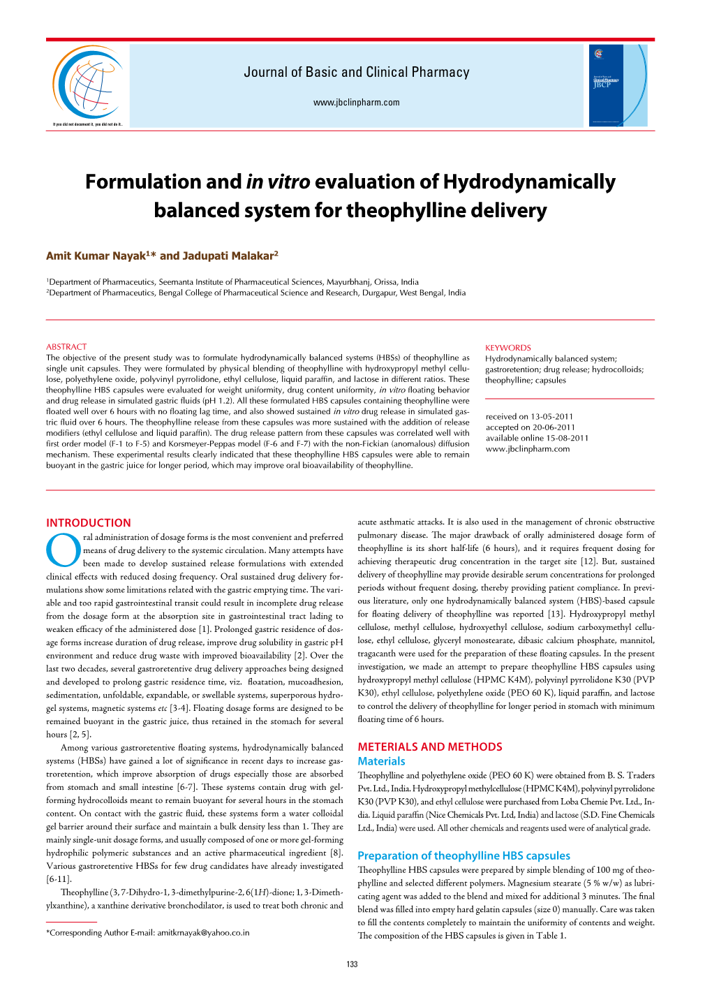 Formulation and in Vitroevaluation of Hydrodynamically Balanced System