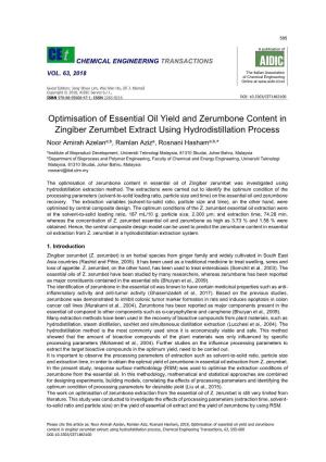 Optimisation of Essential Oil Yield and Zerumbone Content in Zingiber