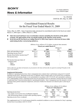 Consolidated Financial Results for the Fiscal Year Ended March 31, 2009
