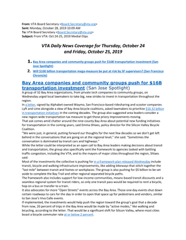 VTA Daily News Coverage for Thursday, October 24 and Friday, October 25, 2019