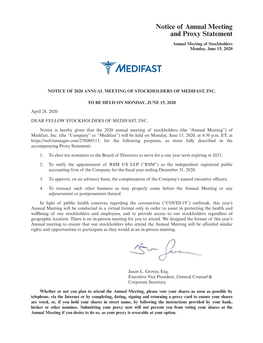 Notice of Annual Meeting and Proxy Statement Annual Meeting of Stockholders Monday, June 15, 2020