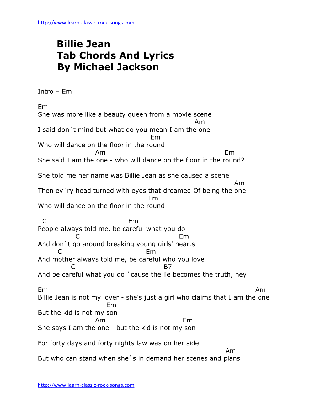 Billie Jean Tab Chords and Lyrics by Michael Jackson