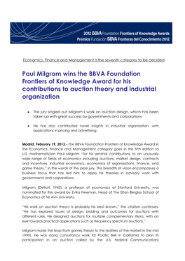 Paul Milgrom Wins the BBVA Foundation Frontiers of Knowledge Award for His Contributions to Auction Theory and Industrial Organization