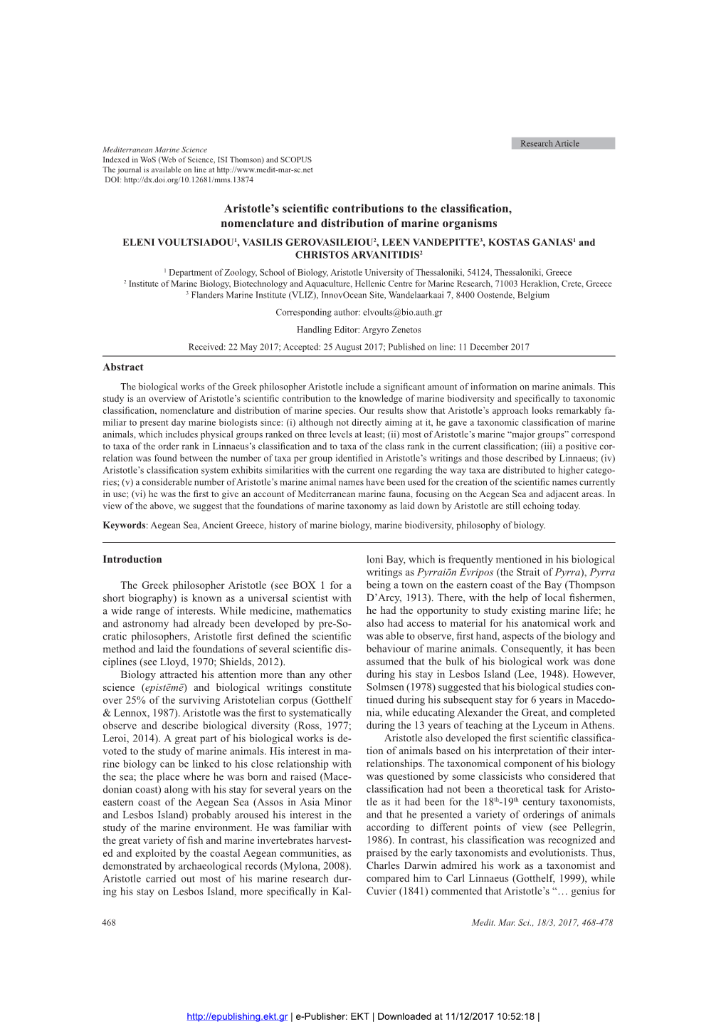 Aristotle's Scientific Contributions to the Classification ...