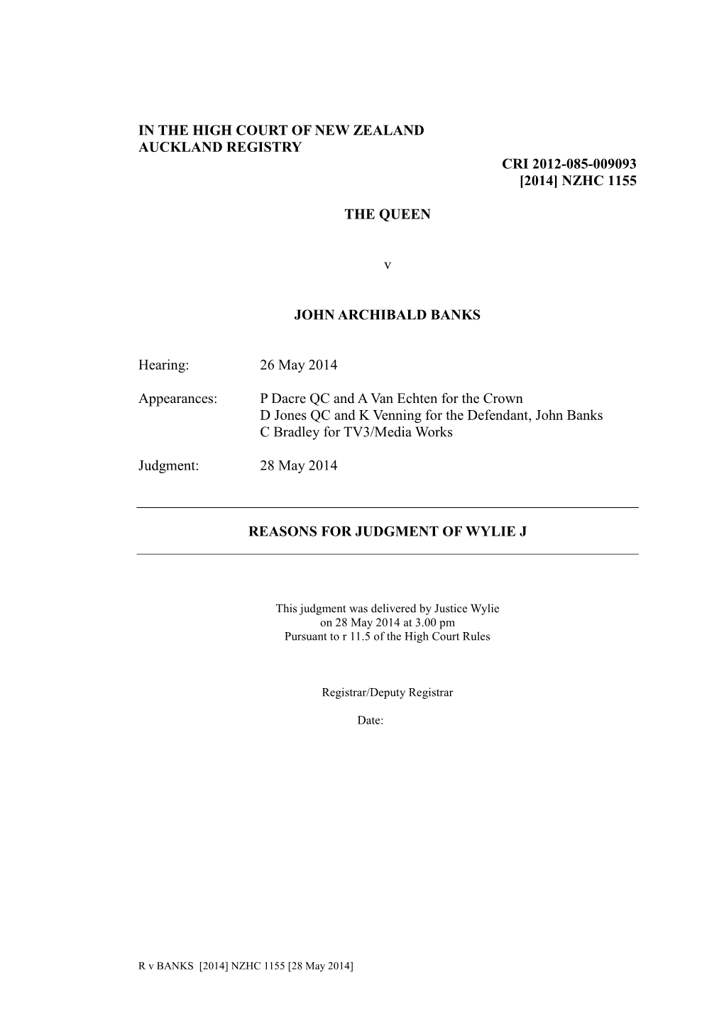 [2014] NZHC 1155 the QUEEN V JOHN ARCHIBALD BANKS
