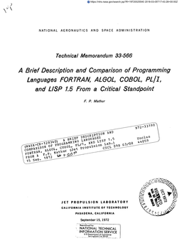 A Brief Description and Comparison of Programming Languages FORTRAN, ALGOL, COBOL, and LISP 1.5 from a Critical Standpoint