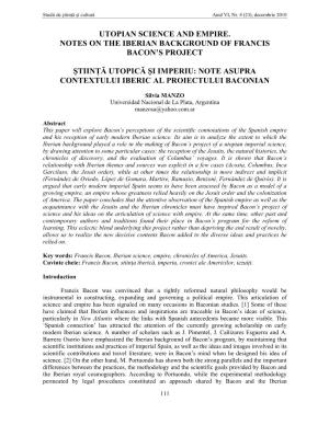 Utopian Science and Empire. Notes on the Iberian Background of Francis Bacon's Project Ştiinłă Utopică Şi Imperiu