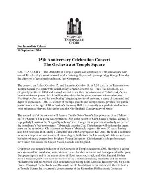 15Th Anniversary Celebration Concert the Orchestra at Temple Square