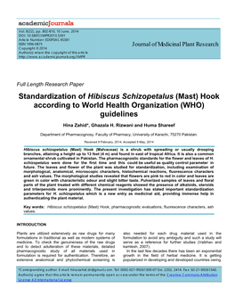 Standardization of Hibiscus Schizopetalus (Mast) Hook According to World Health Organization (WHO) Guidelines