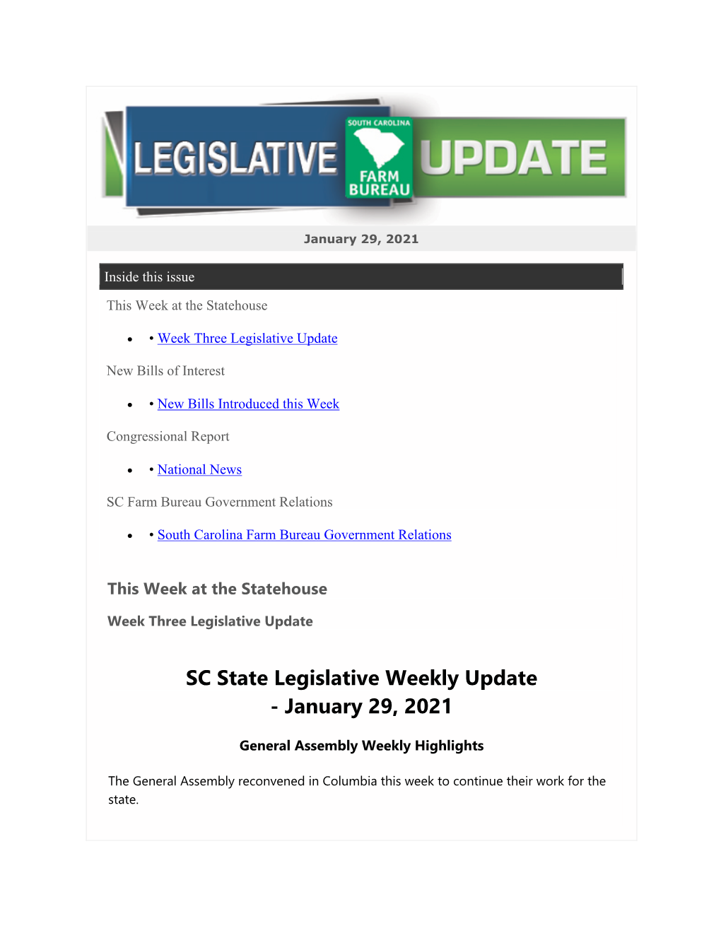 SC State Legislative Weekly Update - January 29, 2021