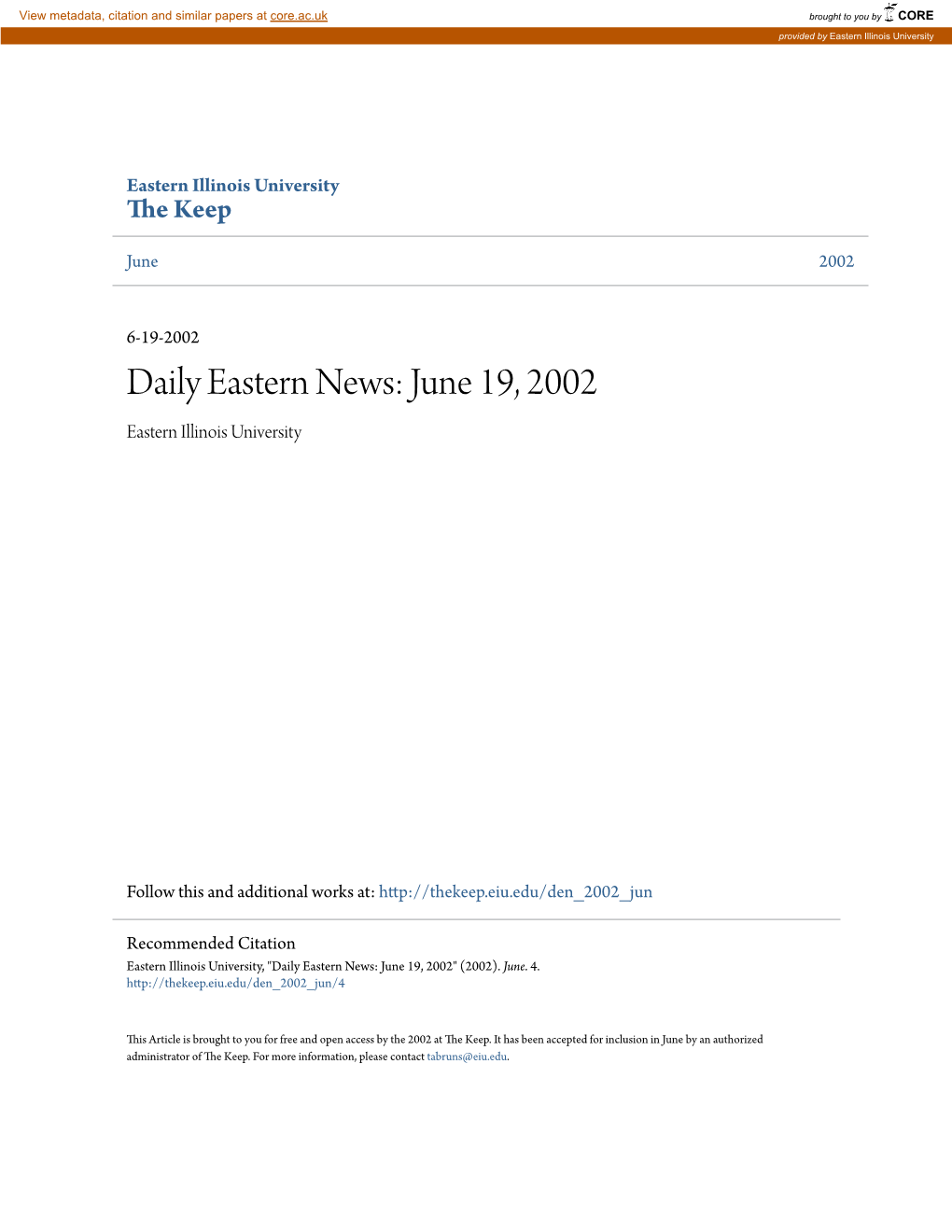 Daily Eastern News: June 19, 2002 Eastern Illinois University