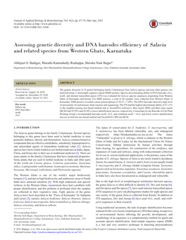 Assessing Genetic Diversity and DNA Barcodes Efficiency of Salacia and Related Species from Western Ghats, Karnataka