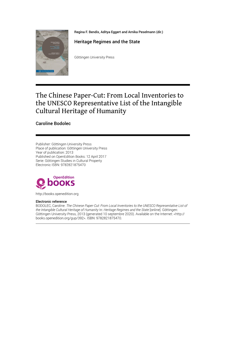 The Chinese Paper-Cut: from Local Inventories to the UNESCO Representative List of the Intangible Cultural Heritage of Humanity