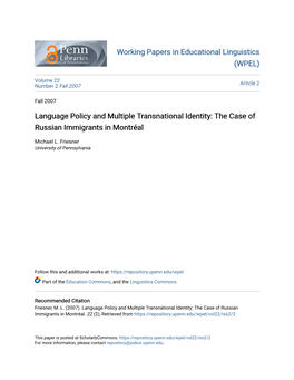 Language Policy and Multiple Transnational Identity: the Case of Russian Immigrants in Montréal