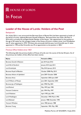 Leader of the House of Lords: Holders of the Post