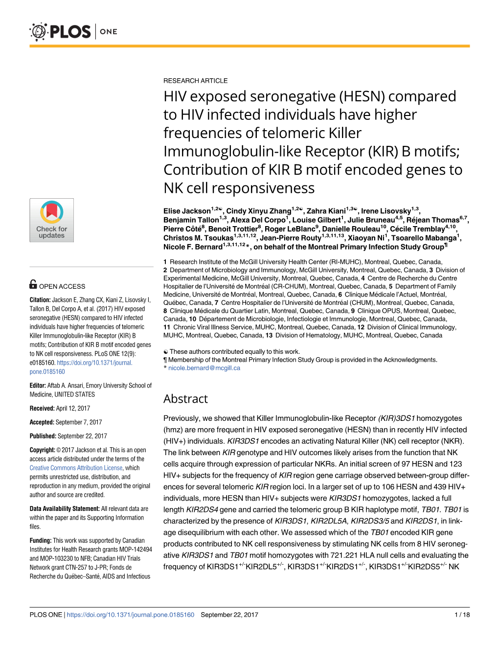 HIV Exposed Seronegative (HESN) Compared to HIV Infected