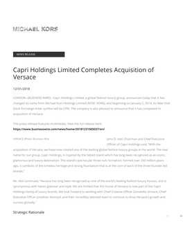 Capri Holdings Limited Completes Acquisition of Versace