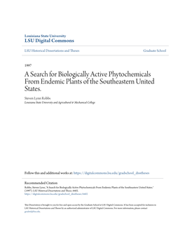 A Search for Biologically Active Phytochemicals from Endemic Plants of the Southeastern United States