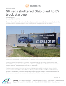 GM Sells Shuttered Ohio Plant to EV Truck Start-Up David Shepardson November 7, 2019 / 3:29 PM