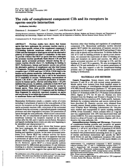 The Role of Complement Component C3b and Its Receptors in Sperm-Oocyte Interaction (Ferilzation/Inferility) DEBORAH J