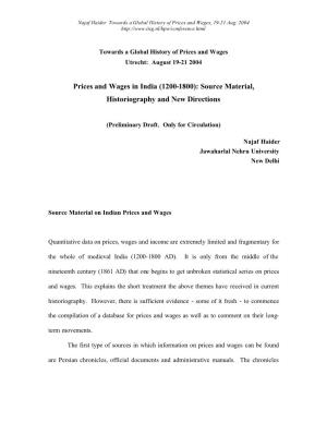 Prices and Wages in India (1200-1800): Source Material, Historiography and New Directions