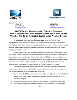 DIRECTV and Weathernation Enhance Coverage with 'Local Weather Now' Instant Access and a New Severe Weather Mix to Be Activ