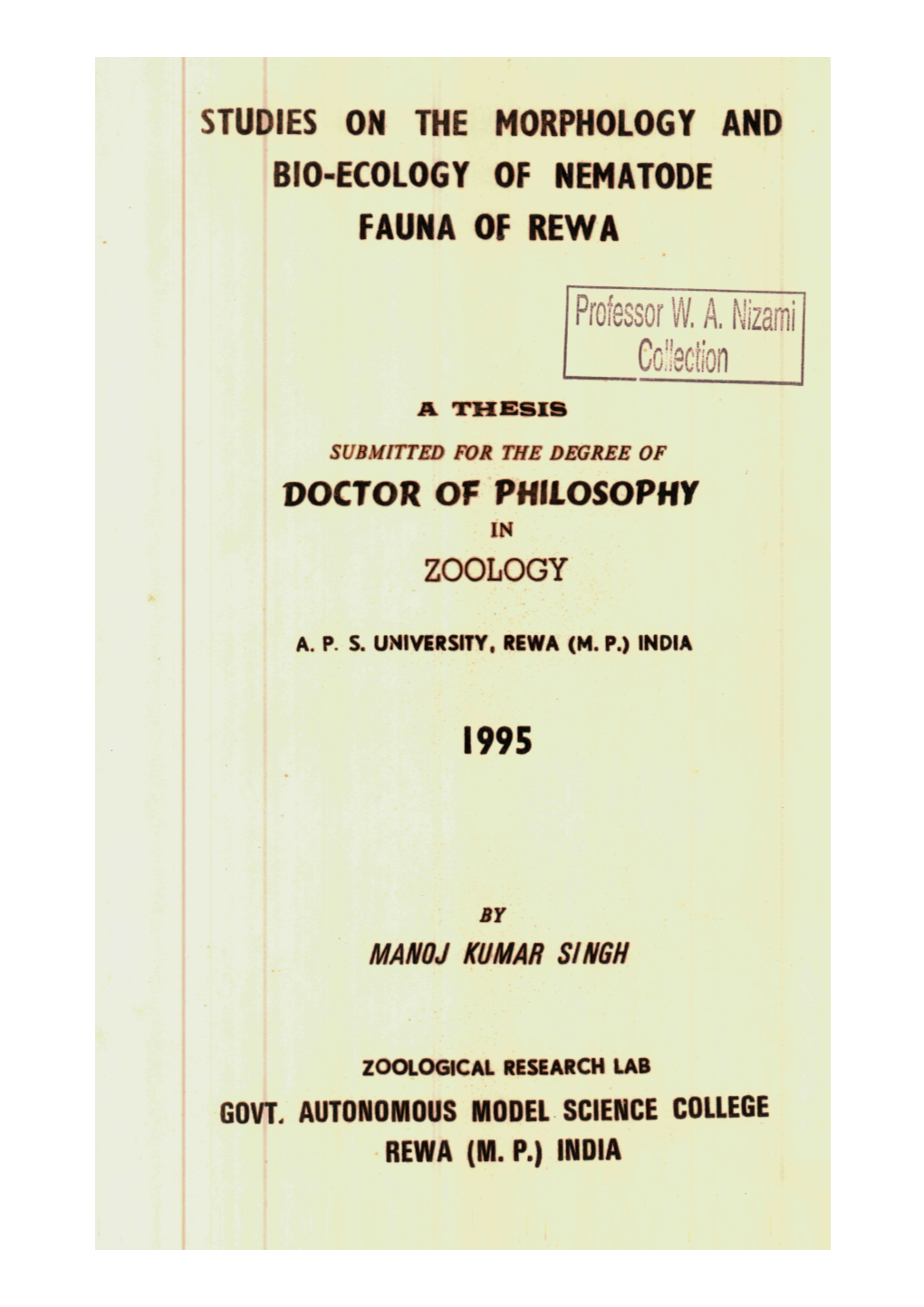 Studies on the Morphology and Bio-Ecology of Nematode Fauna of Rewa