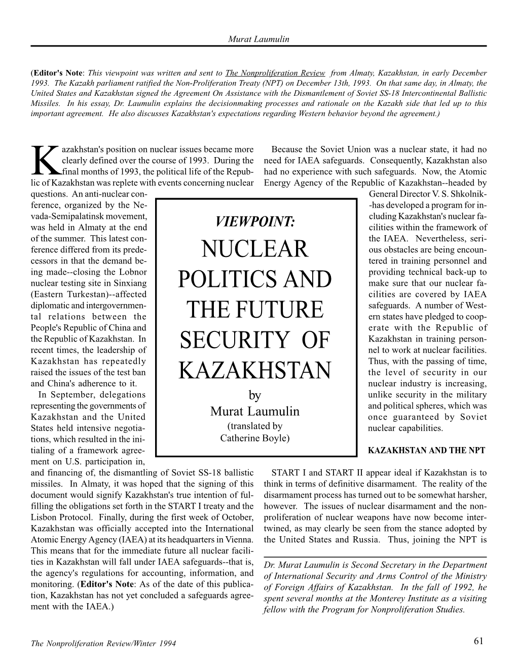 NPR 1.2: Nuclear Politics and the Future Security of Kazakhstan