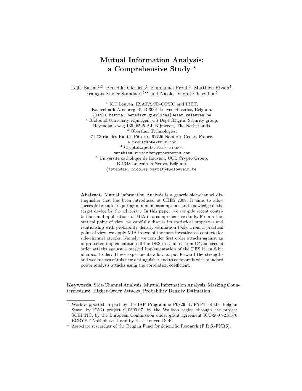 Mutual Information Analysis: a Comprehensive Study *