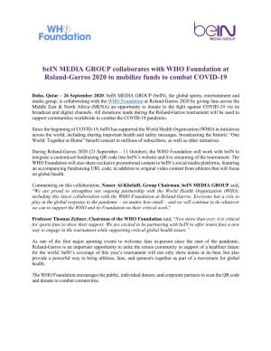 Bein MEDIA GROUP Collaborates with WHO Foundation at Roland-Garros 2020 to Mobilize Funds to Combat COVID-19