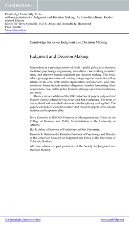 Judgment and Decision Making: an Interdisciplinary Reader, Second Edition Edited by Terry Connolly, Hal R