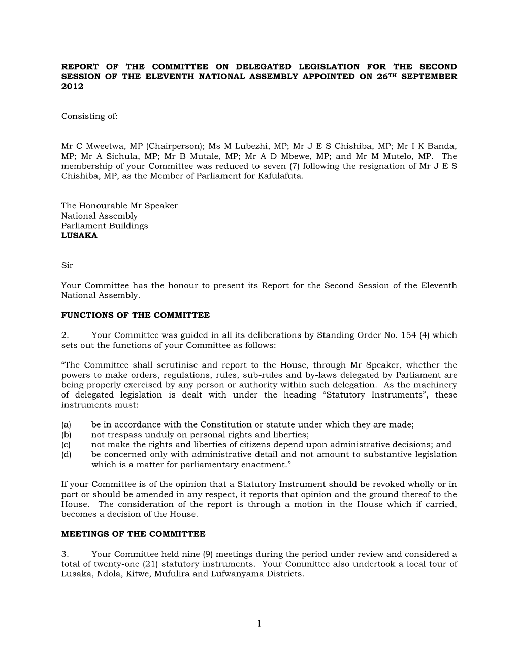 Report of the Committee on Delegated Legislation for the Second Session of the Eleventh National Assembly Appointed on 26Th September 2012
