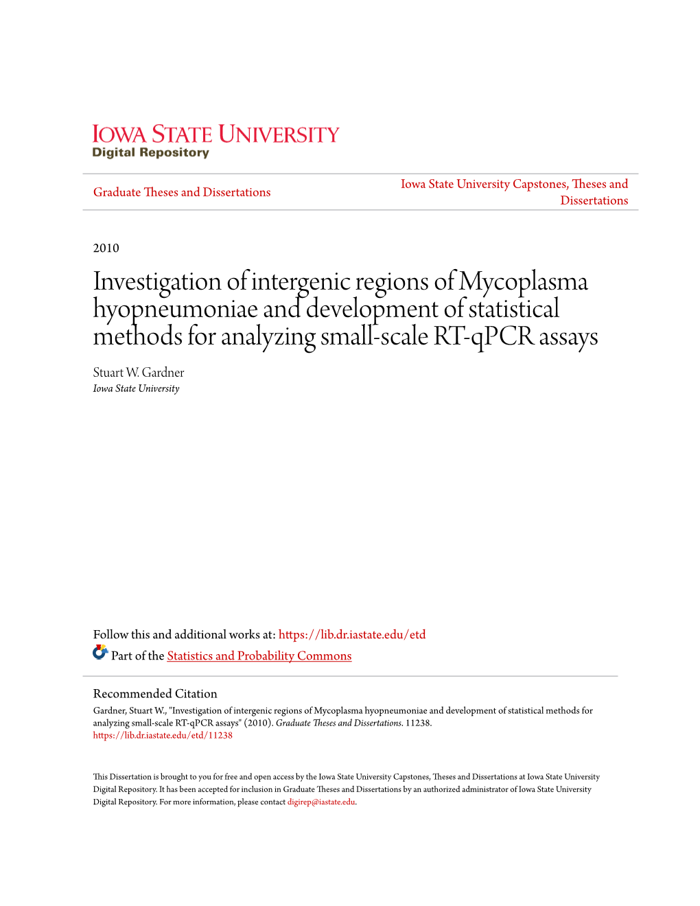 Investigation of Intergenic Regions of Mycoplasma Hyopneumoniae and Development of Statistical Methods for Analyzing Small-Scale RT-Qpcr Assays Stuart W