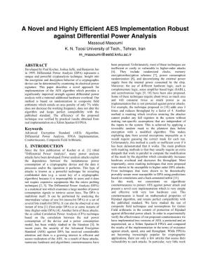 A Novel and Highly Efficient AES Implementation Robust Against Differential Power Analysis Massoud Masoumi K