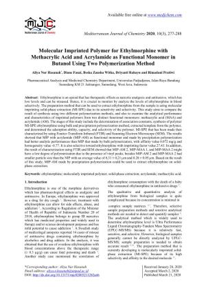 Molecular Imprinted Polymer for Ethylmorphine with Methacrylic Acid and Acrylamide As Functional Monomer in Butanol Using Two Polymerization Method