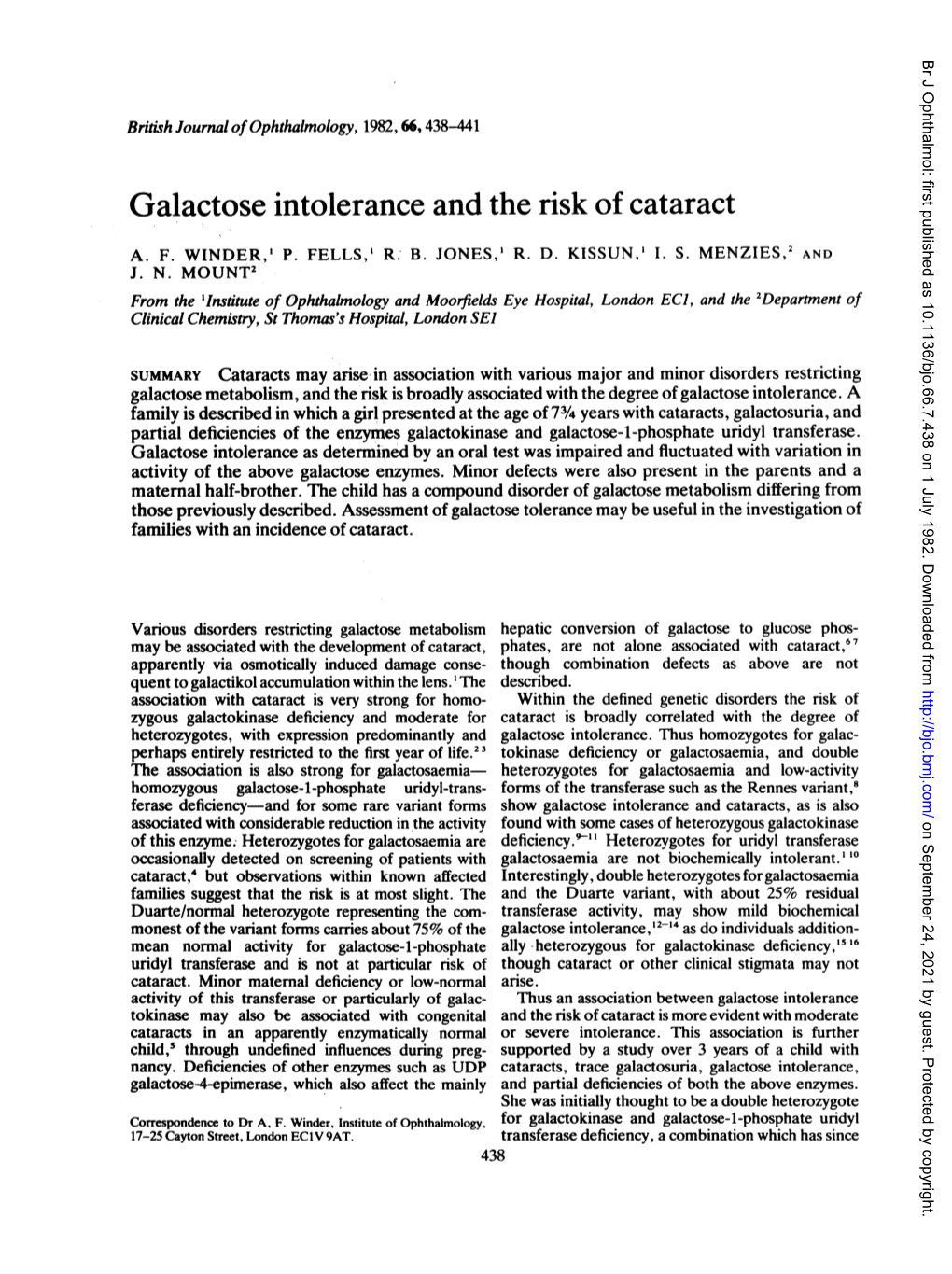 Galactose Intolerance and the Risk Ofcataract 439