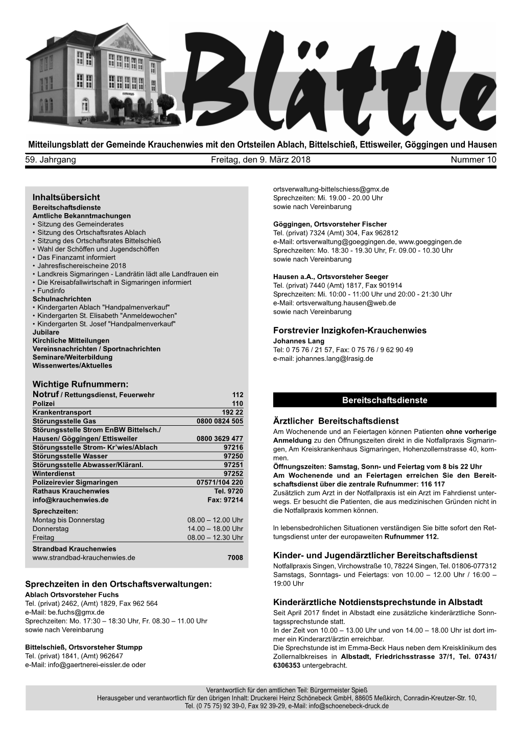 Mitteilungsblatt Der Gemeinde Krauchenwies Mit Den Ortsteilen Ablach, Bittelschieß, Ettisweiler, Göggingen Und Hausen Sprechze